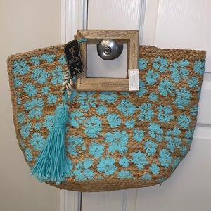 Unique Turquoise Floral Print Straw Bag